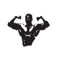 Bodybuilder logo gym, abstract isolated vector silhouette. Man with big muscles posing