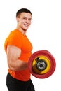 Bodybuilder man doing biceps muscle exercises