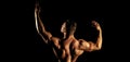 Bodybuilder man with muscular torso back and hands. Banner templates with muscular man, muscular torso, back muscle.