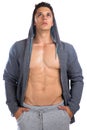 Bodybuilder muscular young man hoodie looking up bodybuilding mu
