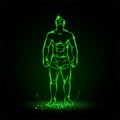 Bodybuilder outline silhouette. Muscular man posing with head up. Vector green neon illustration on black background.