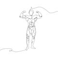 Bodybuilder posing one line art. Continuous line drawing sport, fitness, man, musculature, strength, gym, competition