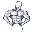 Bodybuilder is a pumped up athlete. Happy guy is an athlete. Template for a portrait of a man. Ink drawing.