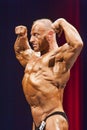 Bodybuilder shows double biceps front pose on stage in champions Royalty Free Stock Photo