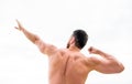 Bodybuilder strong muscular back feeling powerful and superior. Achieve success. Successful athlete. Victory and success