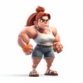 Bodybuilder woman, boxer, girl with big muscles, funny cute cartoon 3d illustration on white background