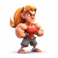 Bodybuilder woman, boxer, girl with big muscles, funny cute cartoon 3d illustration on white background