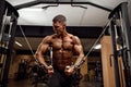 Bodybuilder Is Working On His Chest With Cable Crossover In Gym. Royalty Free Stock Photo