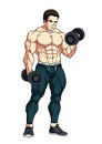Bodybuilder workout with dumbbells, cartoon, character
