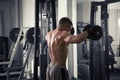 Bodybuilder workout with dumbbells in gym, perfect muscular male body Royalty Free Stock Photo