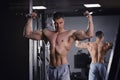 Bodybuilder workout on trainer in gym, perfect muscular male body Royalty Free Stock Photo