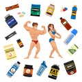 Bodybuilders gym athlete and sport food diet symbols fitness nutrition protein powder drink vector illustration.