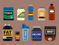 Bodybuilders gym athlete sport food diet symbols fitness nutrition protein powder drink vector illustration.