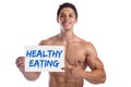 Bodybuilding bodybuilder healthy eating food body builder building muscles sign strong muscular young man isolated