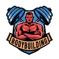 Bodybuilding emblem. Muscular strong bodybuilder and barbell. Gym logo or badge vector illustration Royalty Free Stock Photo