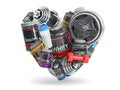 Bodybuilding and fitness. Sports nutrition supplements whey protein, bcaa, creatine, dumbells and barbell in form of heart