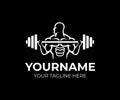 Bodybuilding, gym and fitness centre, man bodybuilder raises barbell row, logo template. Weightlifting, weight training, crossfit