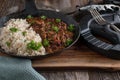 Bodybuilding meal with low fat ground beef, kidney beans, vegetables and tomato sauce. Served with brown rice Royalty Free Stock Photo