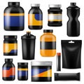 Bodybuilding nutrition vector branding fitness sport nutritional supplement with protein in branded bottle for