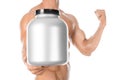 Bodybuilding and Sports theme: handsome strong bodybuilder holding a plastic jar with a dry protein and showing gesture isolated o