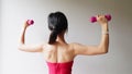 Bodybuilding. Strong fit woman exercising with dumbbells. Muscular Asian girl in pink sexy sportswear lifting weights Royalty Free Stock Photo