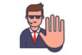 bodyguard icon with sunglasses and walkie-talkie. show stop hand gesture.