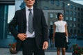 Bodyguard in suit and sunglasses, female VIP Royalty Free Stock Photo