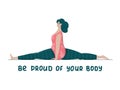 Be proud of your body. Bodypositive plus size woman doing yoga. Trendy flat vector illustration for prints, posters, banners.