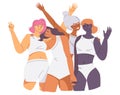 Bodypositive female characters of various skin colors. Smiling women hugging each other in white swimsuits. Vector concept