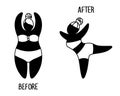 Two women bodies silhouettes on white background, before and after losing weight process, editable vector illustration