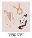 Bodysuit  lingerie store collection, women  heels and hairband boutique illustration. Retro Undergarment shop collection with Royalty Free Stock Photo