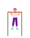 Bodyweight concept. Strong young fit man is doing pull up or chin up hanging on horizontal bar
