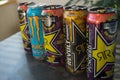 BOEBLINGEN,GERMANY - JULY 24,2019:Stettiner Strasse Five cans of energy drinks