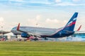 Boeing 737-800 Aeroflot airlines touch chassis with smoke, airport Pulkovo, Russia Saint-Petersburg. August 15. 2018.