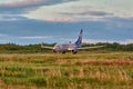 The Boeing aircraft is taxiing along the runway. Talagi Airport, Arkhangelsk, Russia, 27,08,2022