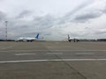 Boeing airplanes of Pobeda and AZUR airlines in Moscow airport runway