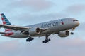 Boeing 777 American Airlines approaching early morning to London Heathrow Airport