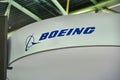 Boeing aviation and defence equipment company booth and logo at aerospace fair