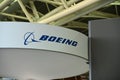 Boeing aviation and defence equipment company booth and logo at aerospace fair