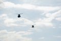 Boeing CH-47 Chinook during an air show. Greek Air Force twin-engine lift helicopters flying on Thessaloniki, Greece during the 28