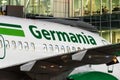 Boeing 737-700 Fly Germania. First flight, meeting Russia, Saint-Petersburg. Pulkovo airport, 27 April 2018.