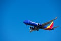 Boeing 737 MAX 8 airliner operated by Southwest Airlines is preparing for landing at the airport with deployed landing gear. Blue Royalty Free Stock Photo