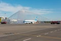 Boeing 737-8 max China southern, Meeting a new type of airplane model, a water arch. airport Pulkovo, Russia Saint-Petersburg. 02