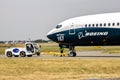 Boeing 737 MAX passenger plane towed towards the runway at the Paris Air Show. France - June 22, 2017 Royalty Free Stock Photo