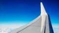 Boeing 737 MAX 8 White Wing Over White Air Clouds And Clear Blue Sky. High quality photo Royalty Free Stock Photo