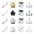 Boer fisherman, fire, fishing chair, double hook. Fishing set collection icons in cartoon black monochrome outline style