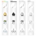 Boer fisherman, fire, fishing chair, double hook. Fishing set collection icons in cartoon black monochrome outline style