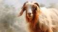 The Boer goat, a symbol of strength and resilience, surrounded by silvery white smoke