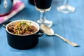 Boeuf bourguignon classic french beef stew on blue table with a Royalty Free Stock Photo