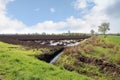 Bog landscape with peat extraction under a blue sky in spring, V